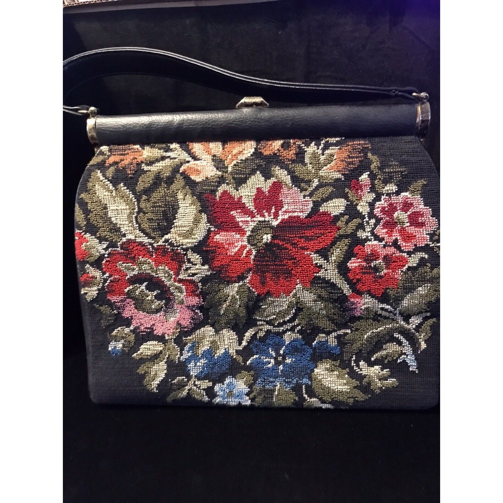 Vintage Signed JR Florida Leather, Floral Cross stitch /Tapestry Large Bag